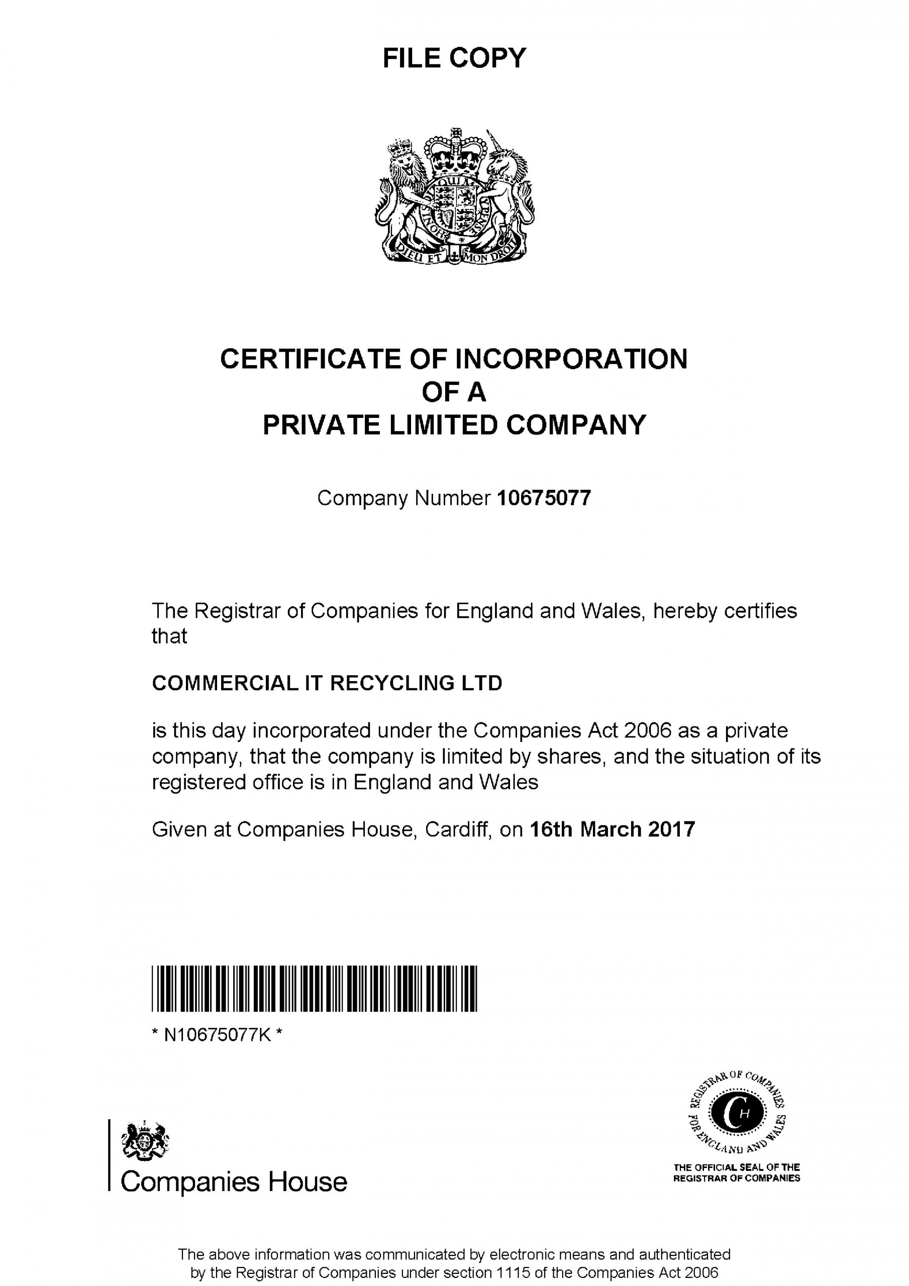 Certificate of incorporation