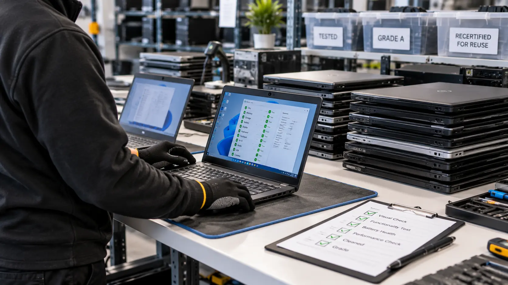 Office manager checking a list of retired IT equipment