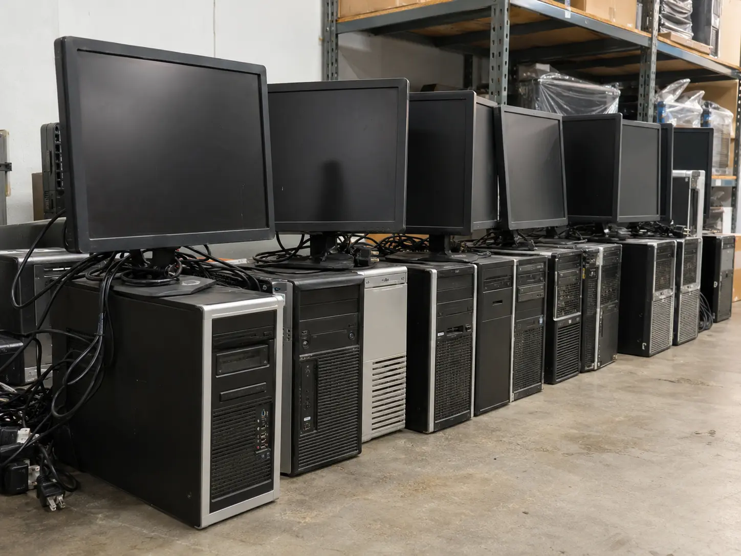 Retired office desktop PCs waiting for safe disposal