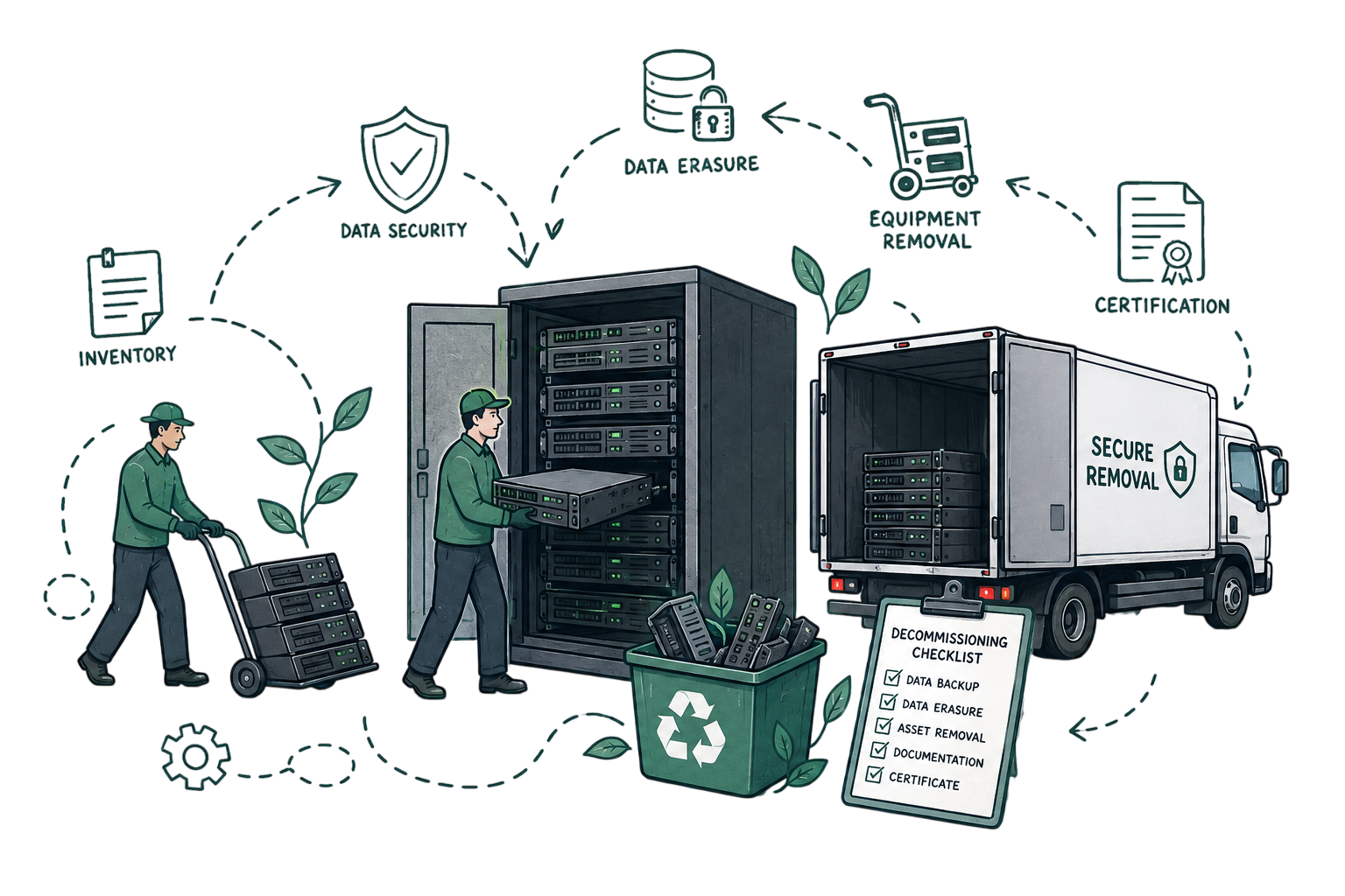 Data centre decommissioning — secure server removal, data destruction and asset-level audit
