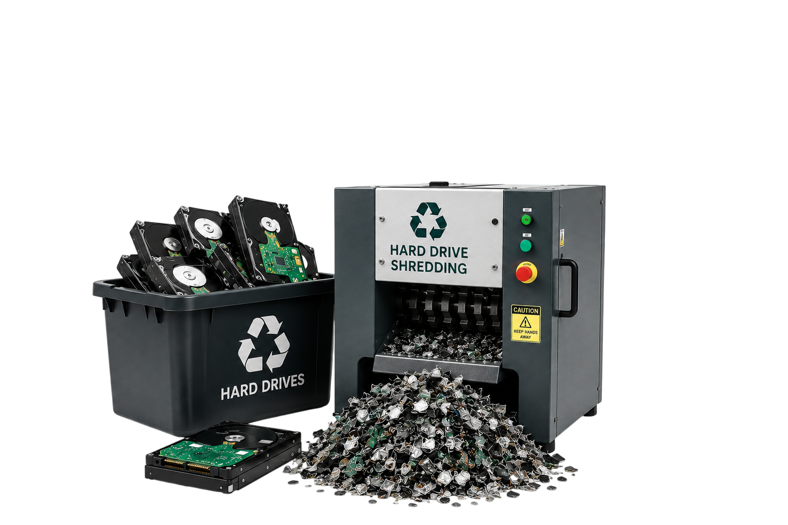 Hard drive shredding — physical destruction of hard drives, SSDs and backup tapes to BS EN 15713
