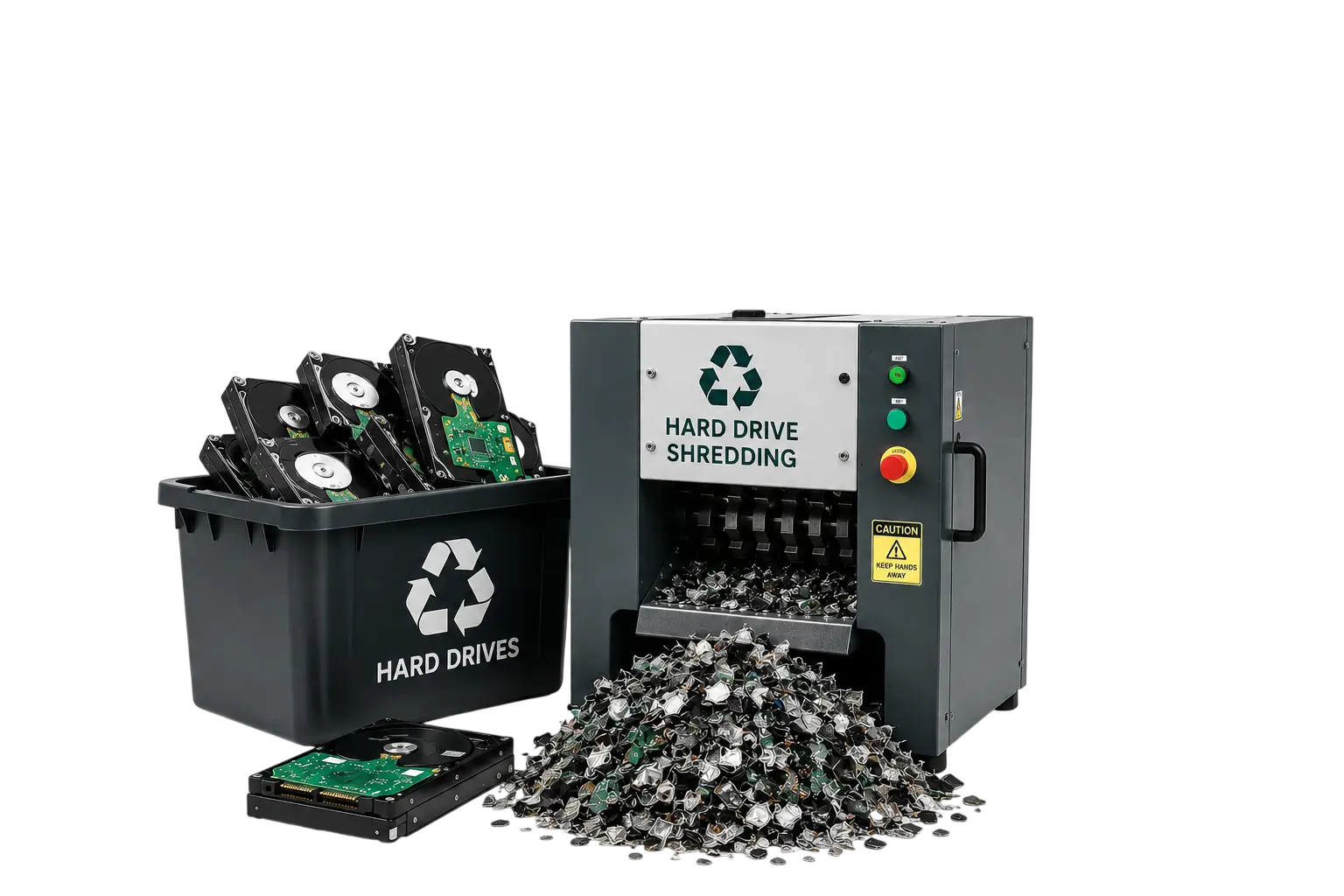 Hard drive shredding — physical destruction of hard drives, SSDs and backup tapes to BS EN 15713